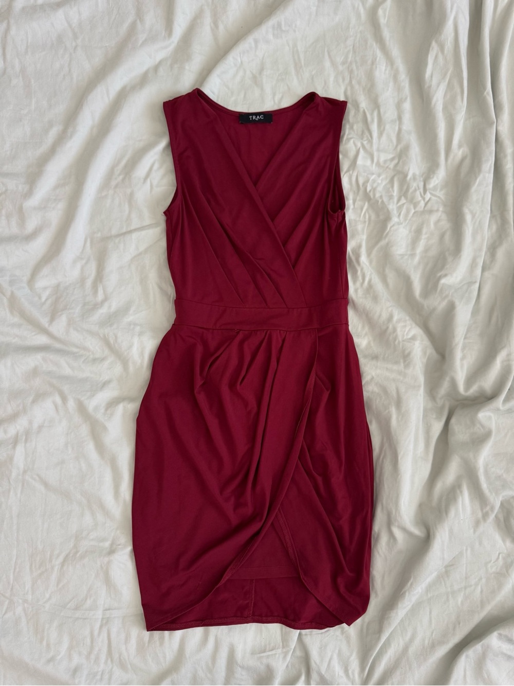 Trac Sleeveless Wrap-Front Mini Dress in Burgundy